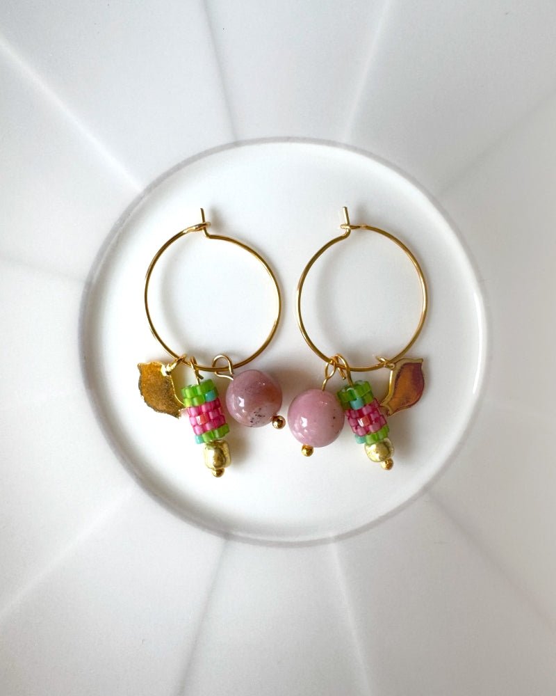 Customizable earring hoops each with three interchangeable charms - beaded, golden and stone - for a new look every day - Fleur Du Jour