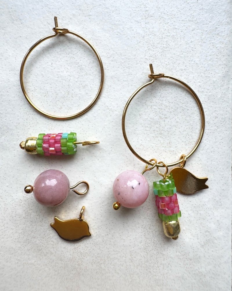 image Customizable earring hoops each with three interchangeable charms - beaded, golden and stone - for a new look every day - Fleur Du Jour