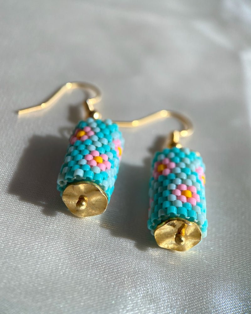 image Floral beaded earrings crafted in peyote stitch technique from Miyuki beads in a color palette inspired by roses - Fleur Du Jour