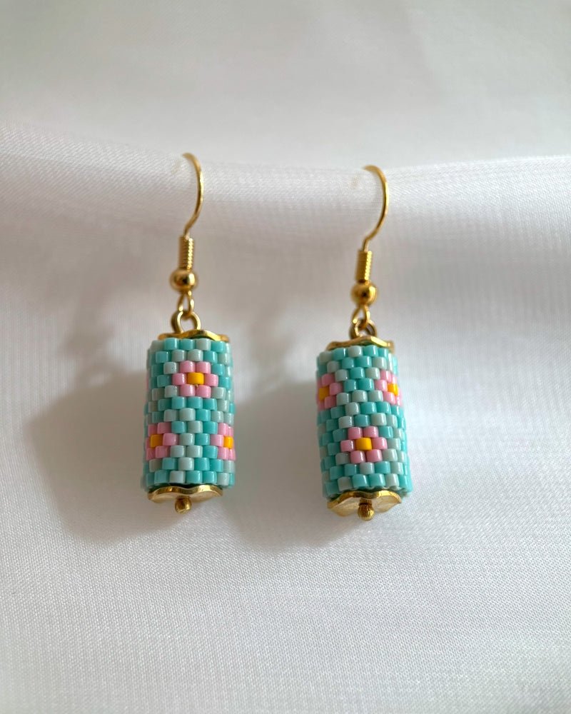 Floral beaded earrings crafted in peyote stitch technique from Miyuki beads in a color palette inspired by roses - Fleur Du Jour
