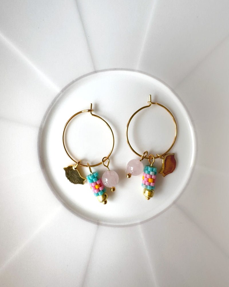 Customizable hoop earrings each with three interchangeable charms - stone, beaded and gold - for new look every day - Fleur Du Jour