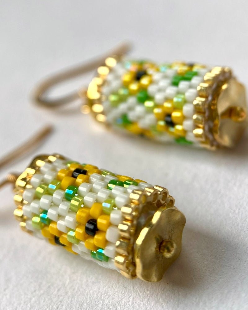 image Beaded floral earrings crafted in peyote stitch technique from Japanese Miyuki beads in a color palette inspired by sunflowers - Fleur Du Jour