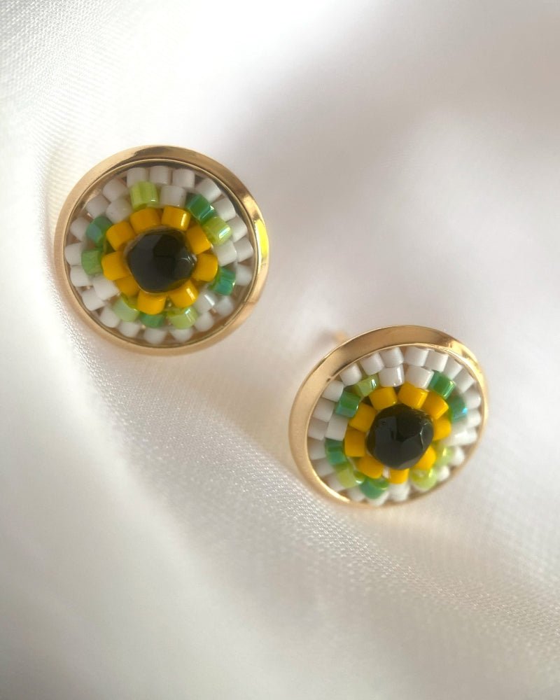 Round stud earrings with beaded inlay crafted in peyote stitch technique from Japanese Miyuki beads and crystal in a color palette inspired by sunflowers - Fleur Du Jour