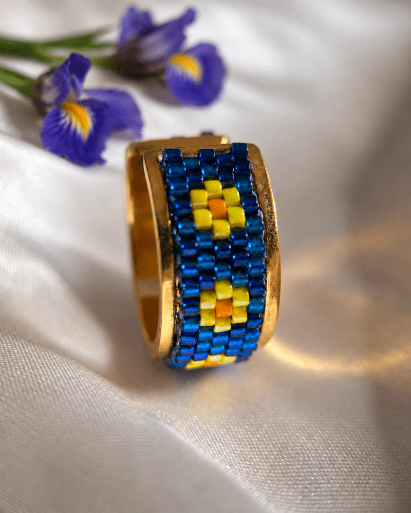 Collection of jewelry crafted in peyote technique from Japanese Miyuki Delica beads in designs inspired by iris flowers - Fleur Du Jour