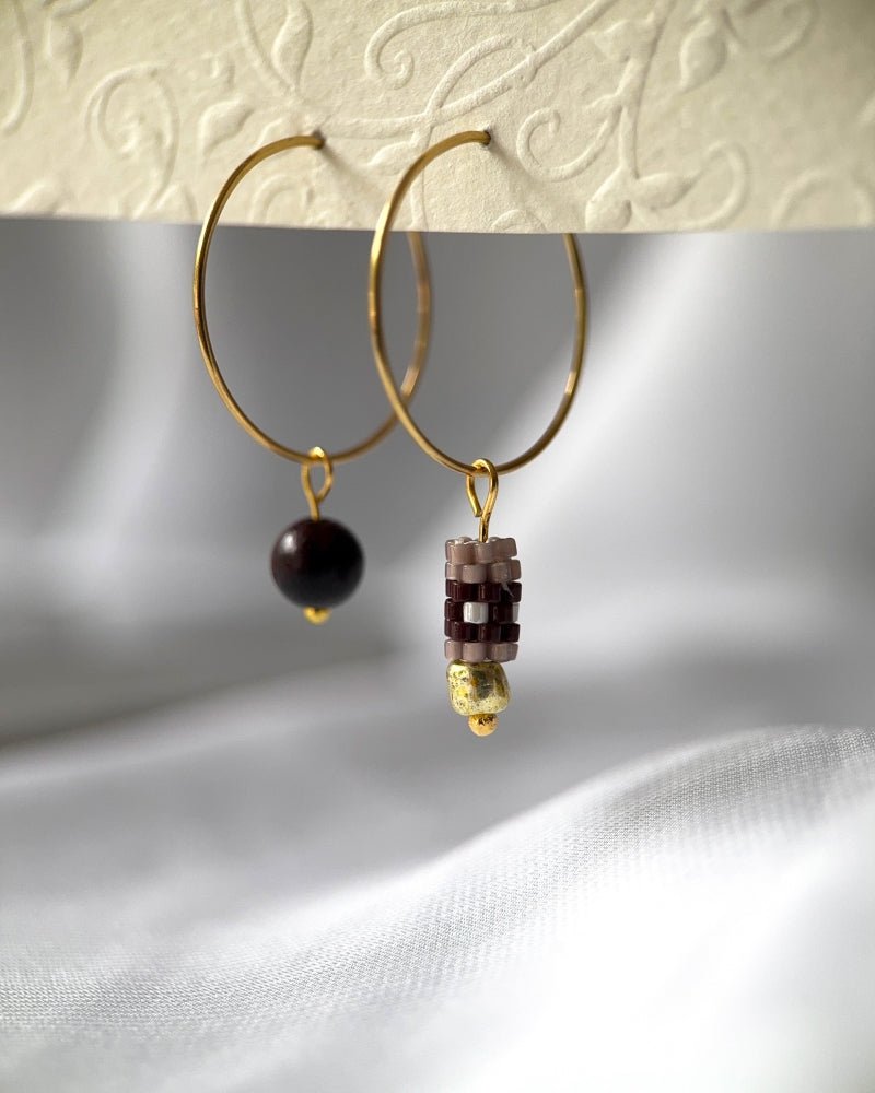 Customizable hoop earrings each with a set of three interchangeable charms - beaded, stone and gold - to change your look every day - Fleur Du Jour