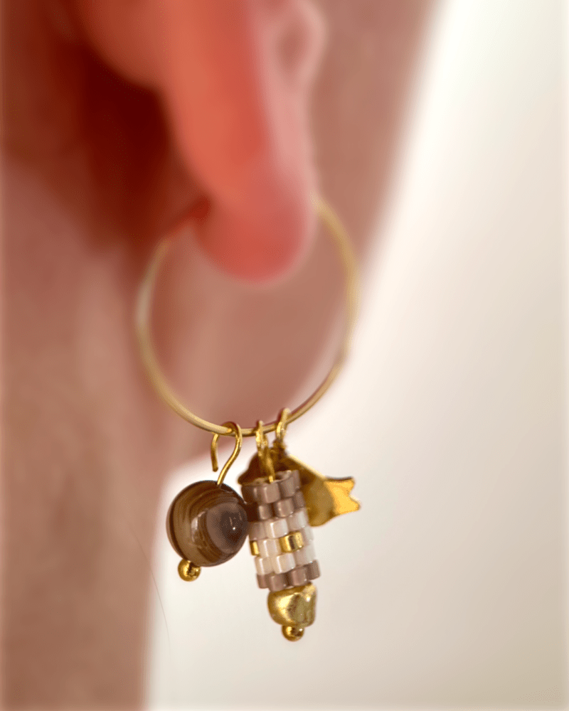 Customizable hoop earrings each with a set of three interchangeable charms - beaded, stone and gold - to change your look every day - Fleur Du Jour