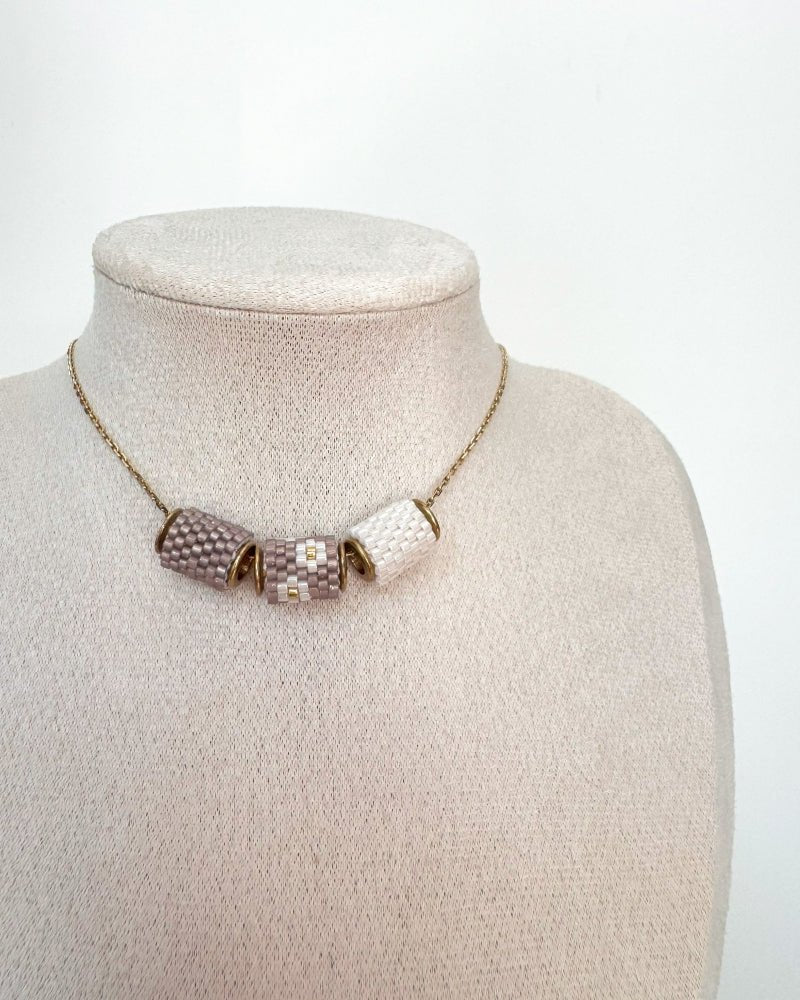 Necklace with three changeable beaded pendants crafted in peyote stitch technique from Japanese Miyuki Delica beads in designs inspired by edelweiss flower - Fleur Du Jour