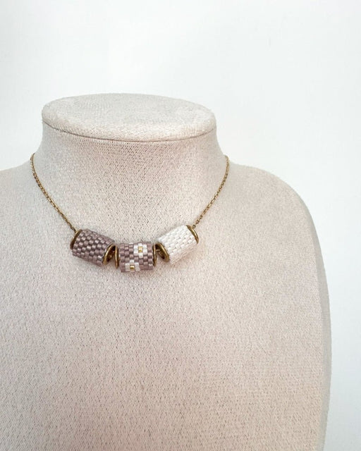 Necklace with three changeable beaded pendants crafted in peyote stitch technique from Japanese Miyuki Delica beads in designs inspired by edelweiss flower - Fleur Du Jour