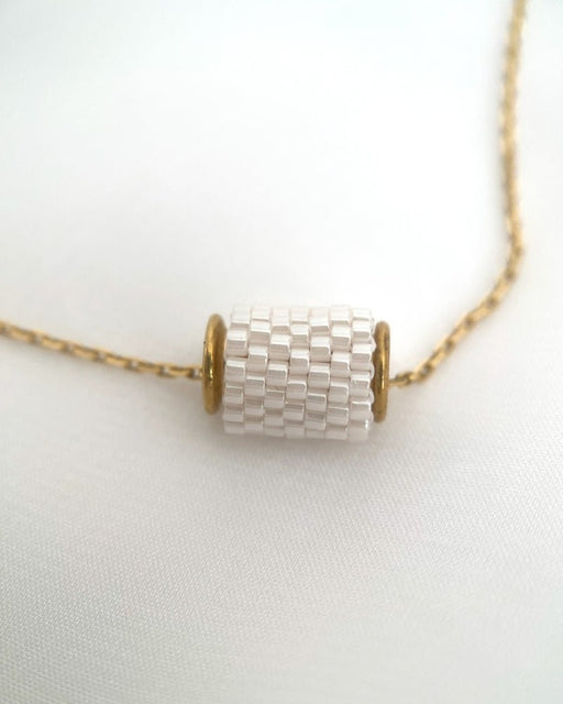 Single beaded white pearl pendant crafted in peyote stitch technique from Japanese Miyuki Delica beads - Fleur Du Jour