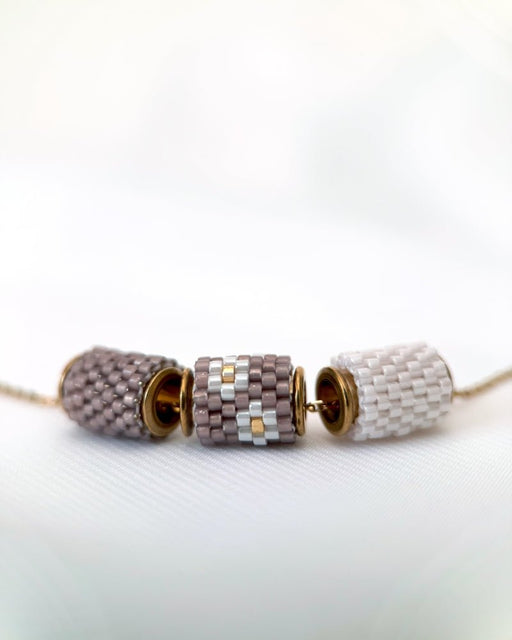 Necklace with three changeable beaded pendants crafted in peyote stitch technique from Japanese Miyuki Delica beads in designs inspired by edelweiss flower - Fleur Du Jour