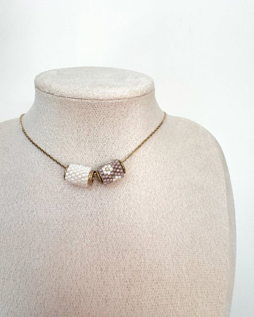 Necklace with three changeable beaded pendants crafted in peyote stitch technique from Japanese Miyuki Delica beads in designs inspired by edelweiss flower - Fleur Du Jour