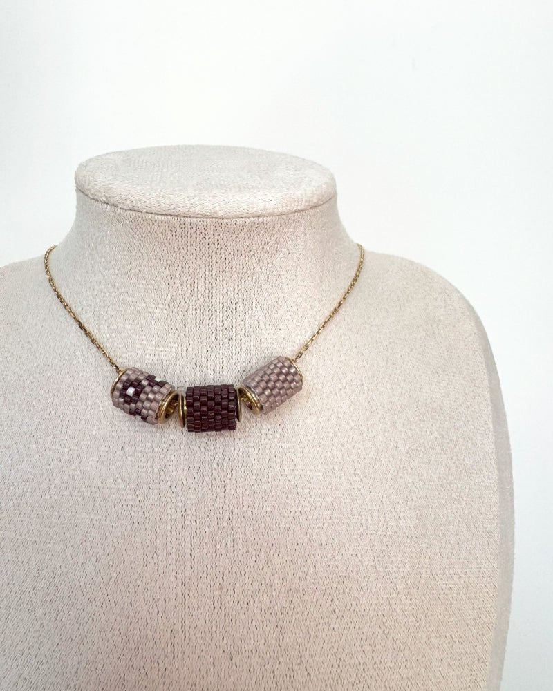 Necklace ornamented with three beaded charms in neutral brown and beige tones crated in peyote stitch technique from Japanese Miyuki Delica beads - Fleur Du Jour
