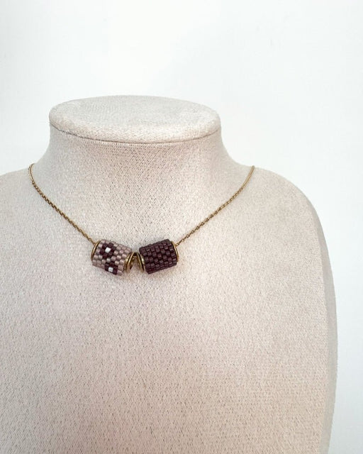 Necklace ornamented with three beaded charms in neutral brown and beige tones crated in peyote stitch technique from Japanese Miyuki Delica beads - Fleur Du Jour