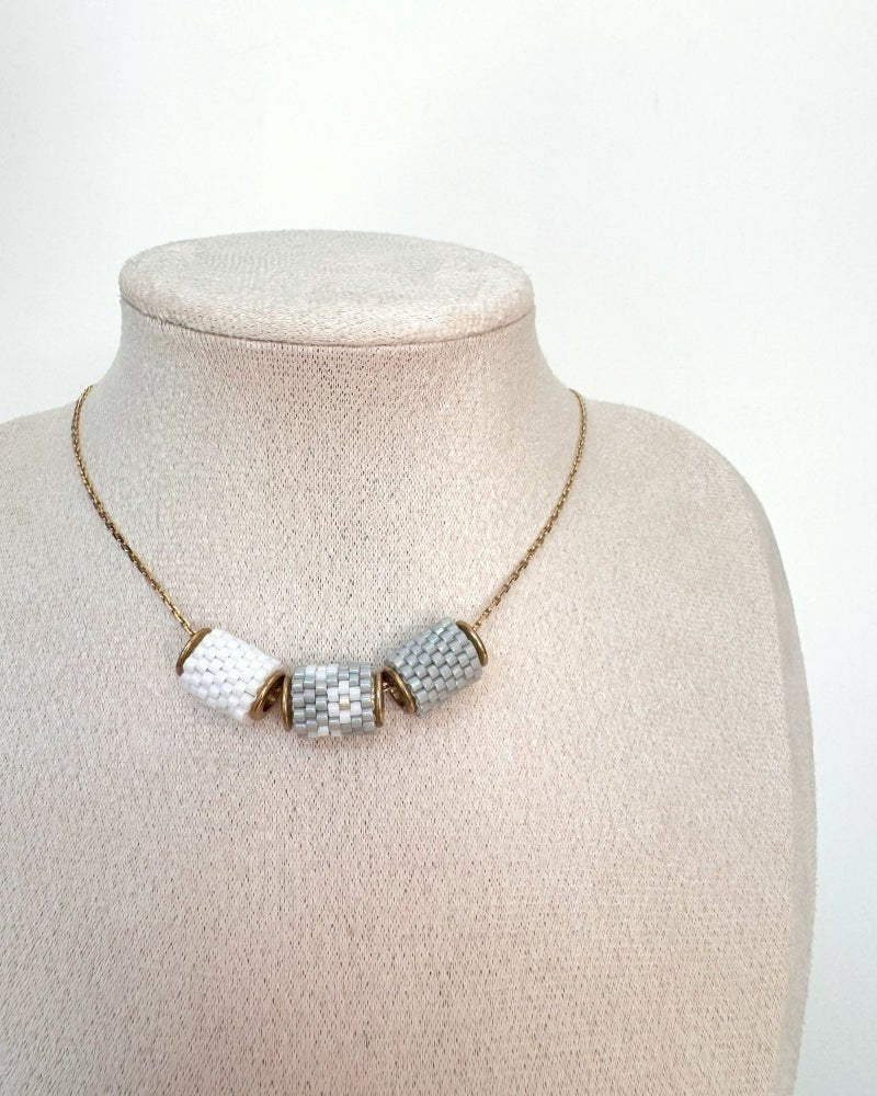 Necklace with three switchable beaded pendants crafted in peyote stitch technique from Japanese Miyuki Delica beads in neutral grey color palette - Fleur Du Jour