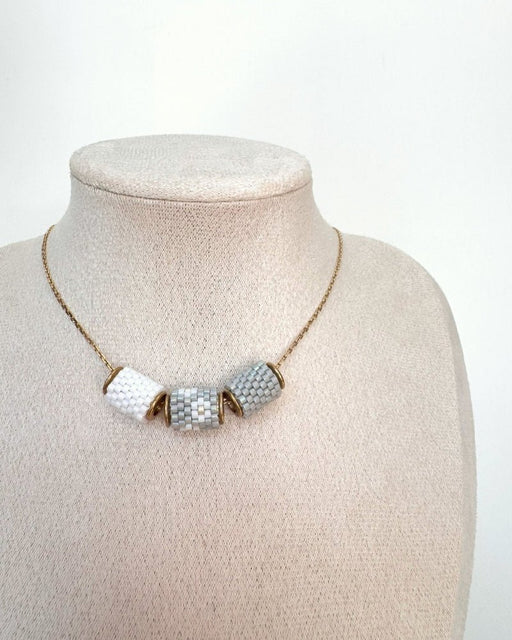 Necklace with three switchable beaded pendants crafted in peyote stitch technique from Japanese Miyuki Delica beads in neutral grey color palette - Fleur Du Jour