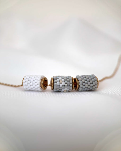 Necklace with three switchable beaded pendants crafted in peyote stitch technique from Japanese Miyuki Delica beads in neutral grey color palette - Fleur Du Jour