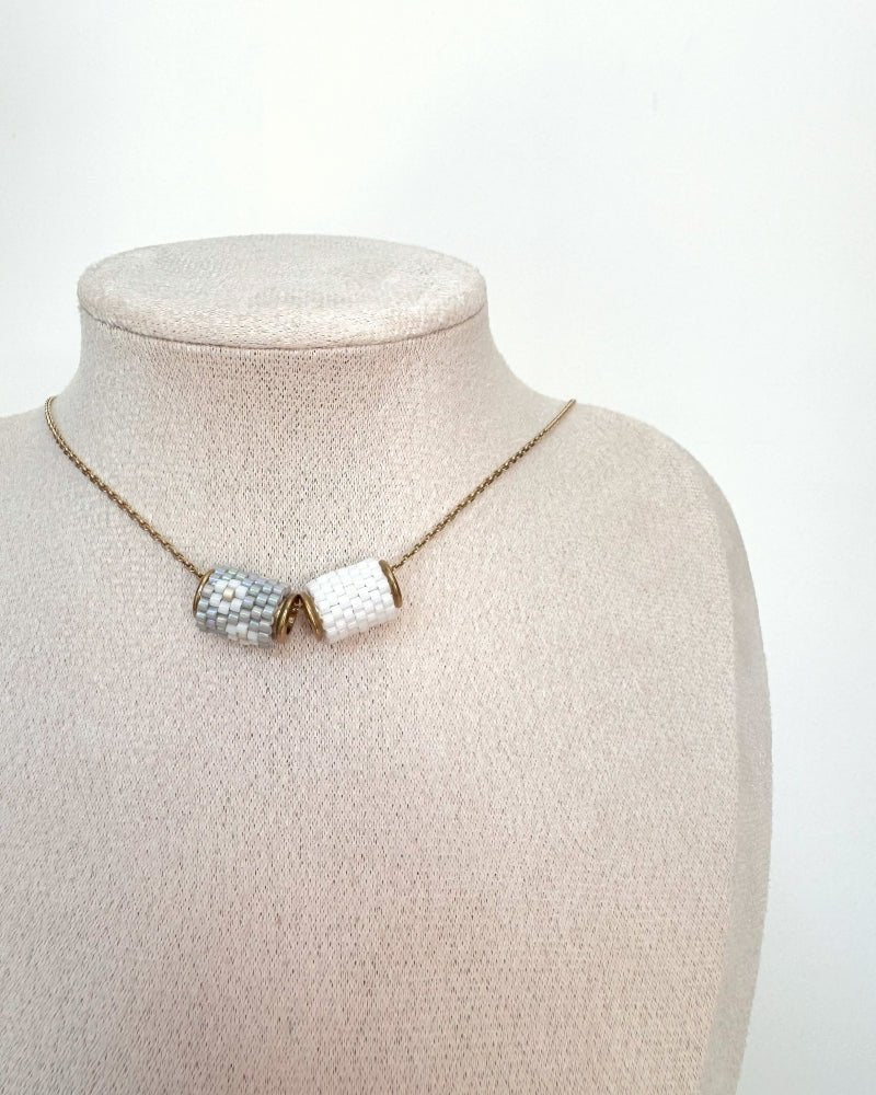 image Necklace with three switchable beaded pendants crafted in peyote stitch technique from Japanese Miyuki Delica beads in neutral grey color palette - Fleur Du Jour