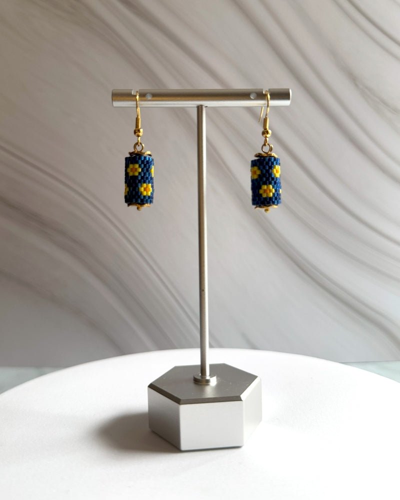 Floral beaded earrings crafted in peyote stitch technique from Japanese Miyuki beads in a color palette inspired by the iris flowers - Fleur Du Jour