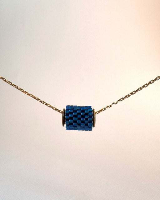 Single beaded navy blue pendant crafted in peyote stitch technique from Japanese Miyuki beads - Fleur Du Jour