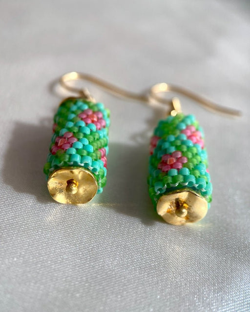 Floral beaded earrings crafted in peyote stitch technique from Miyuki beads in orchid flowers' inspired color palette - Fleur Du Jour