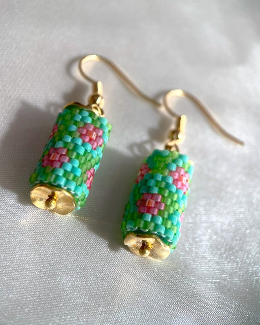 Floral beaded earrings crafted in peyote stitch technique from Miyuki beads in orchid flowers' inspired color palette - Fleur Du Jour