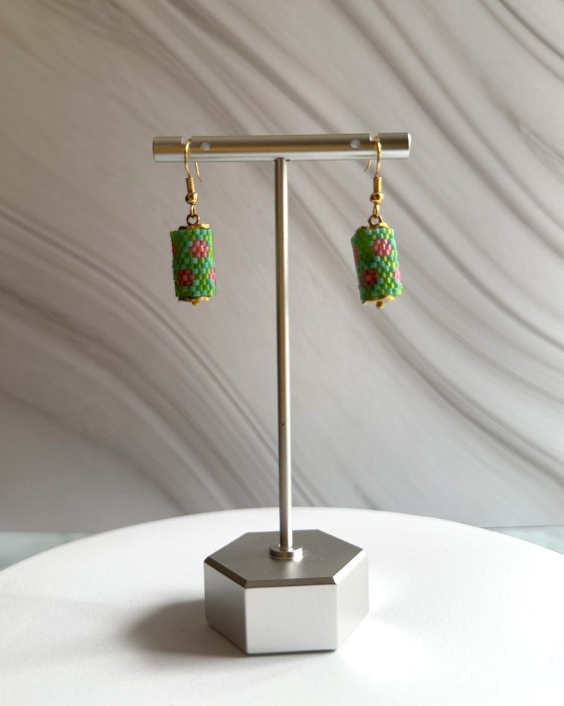 Floral beaded earrings crafted in peyote stitch technique from Miyuki beads in orchid flowers' inspired color palette - Fleur Du Jour