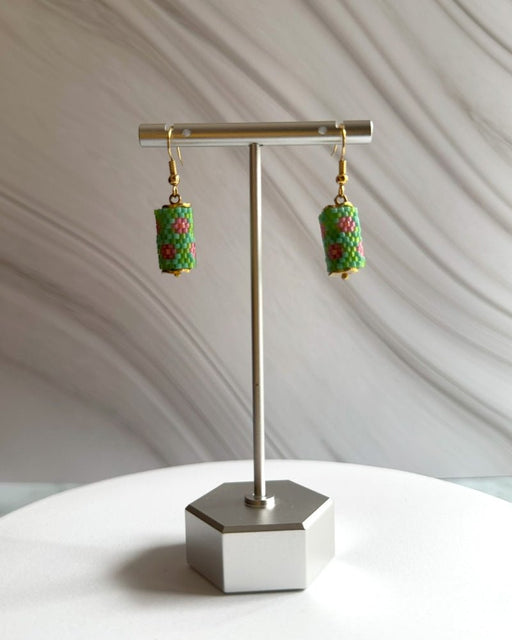 Floral beaded earrings crafted in peyote stitch technique from Miyuki beads in orchid flowers' inspired color palette - Fleur Du Jour