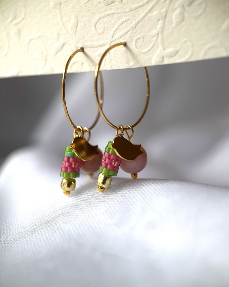 Customizable earring hoops each with three interchangeable charms - beaded, golden and stone - for a new look every day - Fleur Du Jour