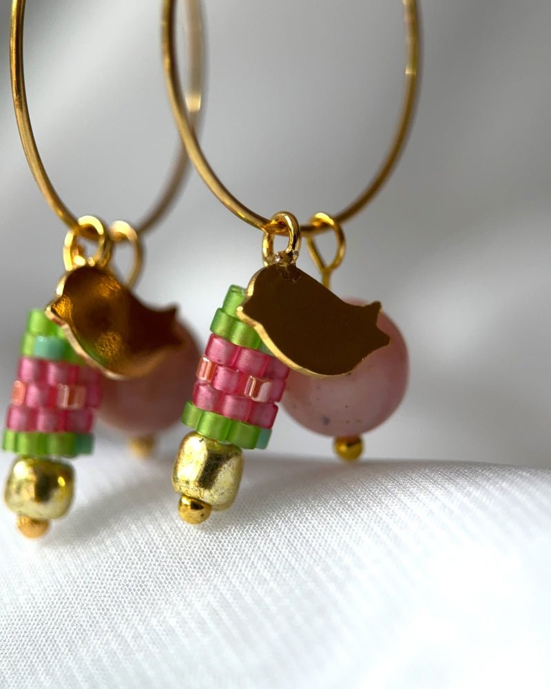 Customizable earring hoops each with three interchangeable charms - beaded, golden and stone - for a new look every day - Fleur Du Jour