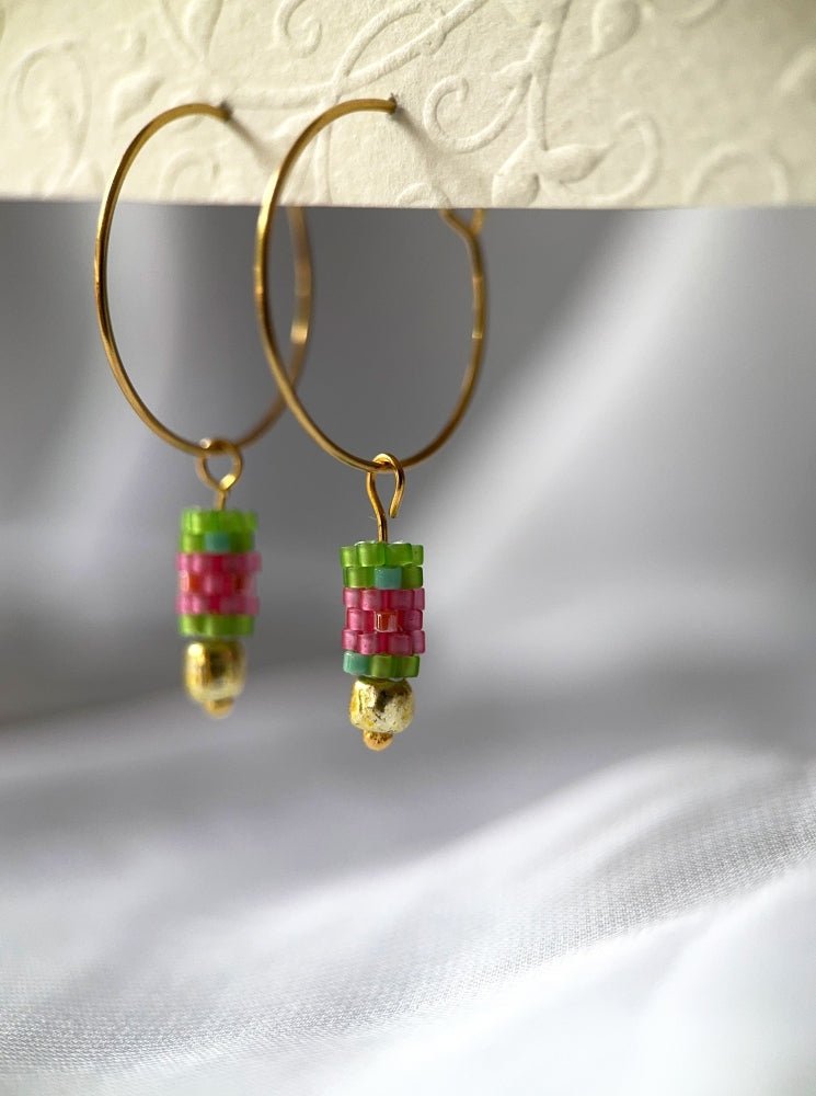 Customizable earring hoops each with three interchangeable charms - beaded, golden and stone - for a new look every day - Fleur Du Jour