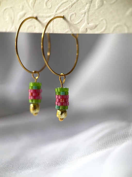 Customizable earring hoops each with three interchangeable charms - beaded, golden and stone - for a new look every day - Fleur Du Jour