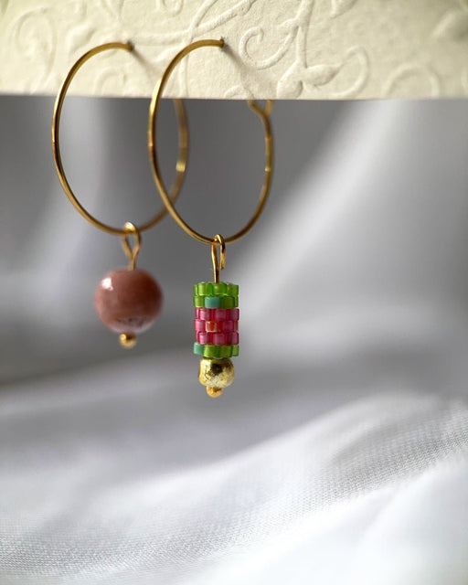 Customizable earring hoops each with three interchangeable charms - beaded, golden and stone - for a new look every day - Fleur Du Jour