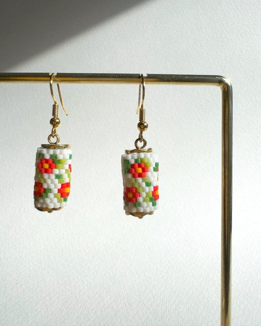 Floral beaded earrings crafted in peyote stitch technique from Miyuki beads in a marigold flowers' inspired color palette - Fleur Du Jour