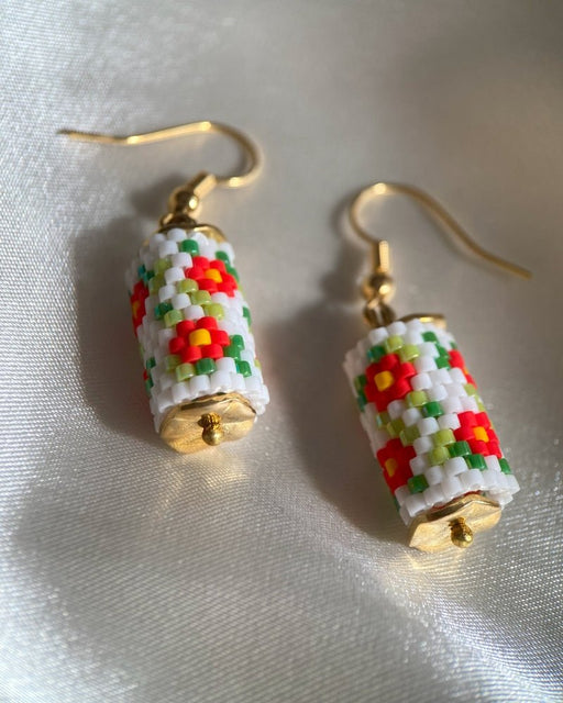 Floral beaded earrings crafted in peyote stitch technique from Miyuki beads in a marigold flowers' inspired color palette - Fleur Du Jour