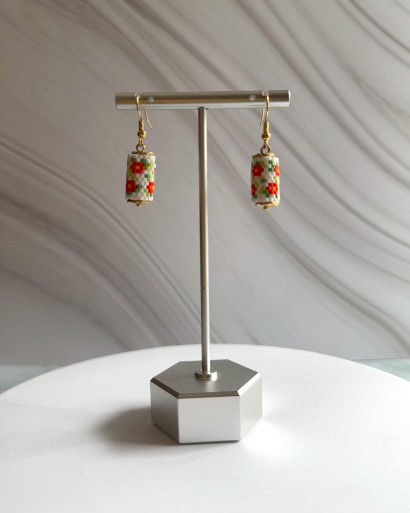 Floral beaded earrings crafted in peyote stitch technique from Miyuki beads in a marigold flowers' inspired color palette - Fleur Du Jour