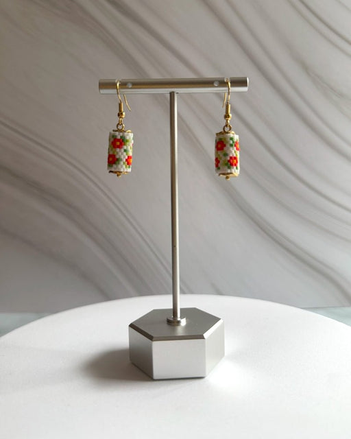 Floral beaded earrings crafted in peyote stitch technique from Miyuki beads in a marigold flowers' inspired color palette - Fleur Du Jour