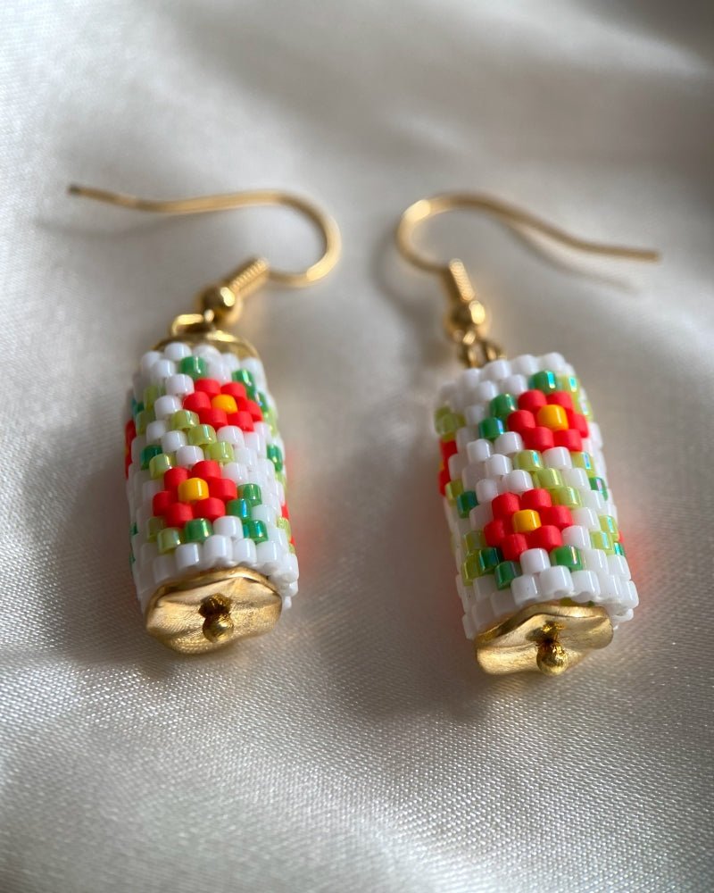 Floral beaded earrings crafted in peyote stitch technique from Miyuki beads in a marigold flowers' inspired color palette - Fleur Du Jour