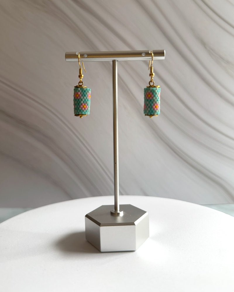 Floral beaded earrings crafted in peyote stitch technique from Miyuki beads in a color palette inspired by roses - Fleur Du Jour