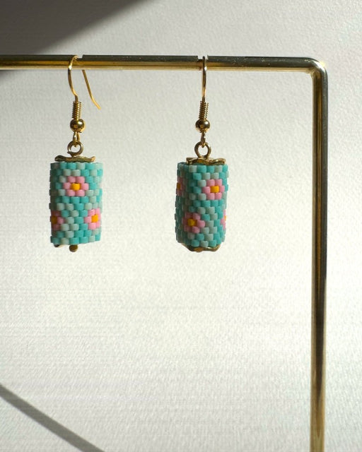 Floral beaded earrings crafted in peyote stitch technique from Miyuki beads in a color palette inspired by roses - Fleur Du Jour