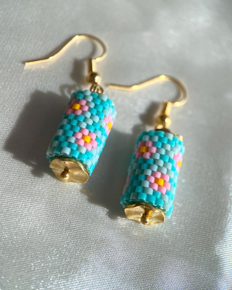 Floral beaded earrings crafted in peyote stitch technique from Miyuki beads in a color palette inspired by roses - Fleur Du Jour