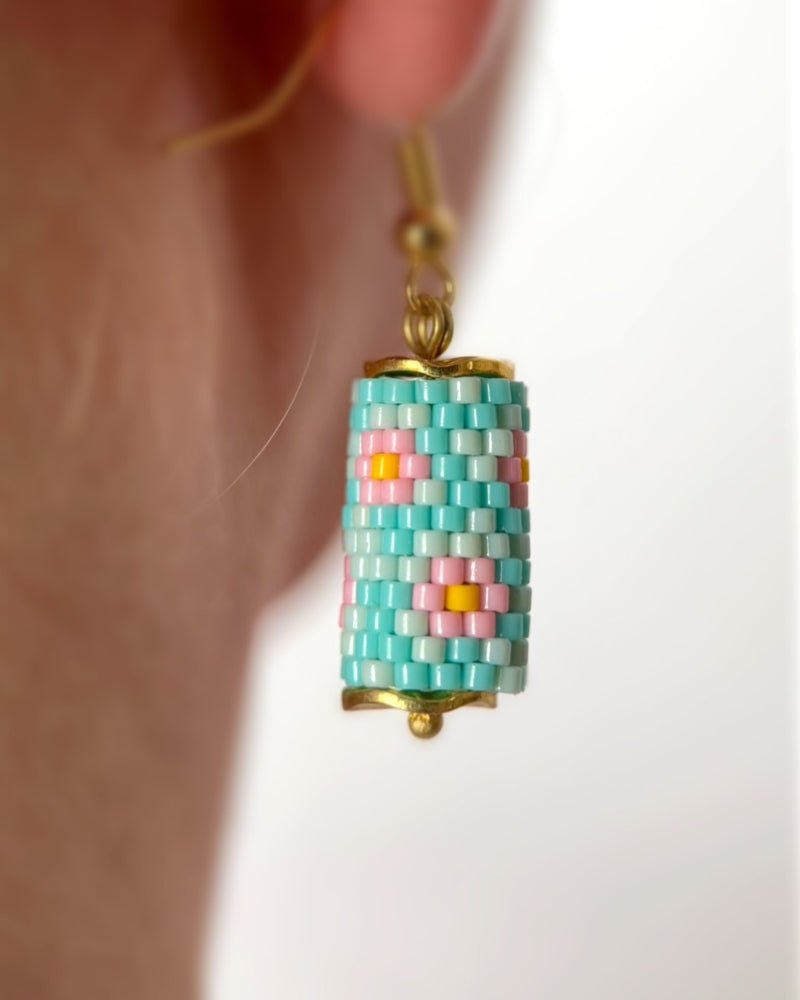 Floral beaded earrings crafted in peyote stitch technique from Miyuki beads in a color palette inspired by roses - Fleur Du Jour