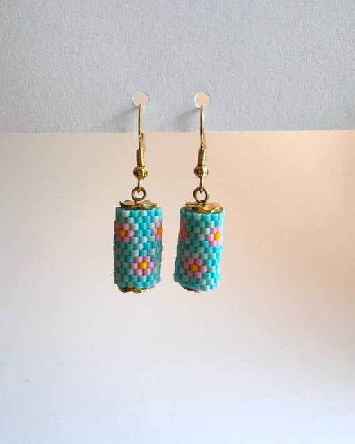 Floral beaded earrings crafted in peyote stitch technique from Miyuki beads in a color palette inspired by roses - Fleur Du Jour