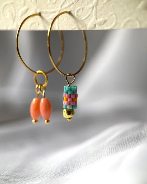 Customizable hoop earrings each with three interchangeable charms - stone, beaded and gold - for new look every day - Fleur Du Jour