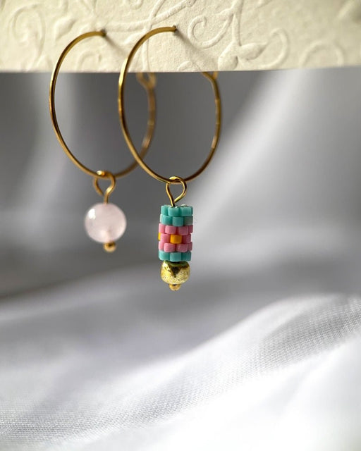 Customizable hoop earrings each with three interchangeable charms - stone, beaded and gold - for new look every day - Fleur Du Jour