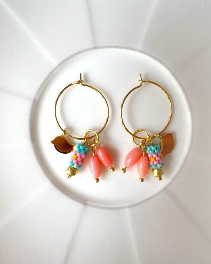 Customizable hoop earrings each with three interchangeable charms - stone, beaded and gold - for new look every day - Fleur Du Jour