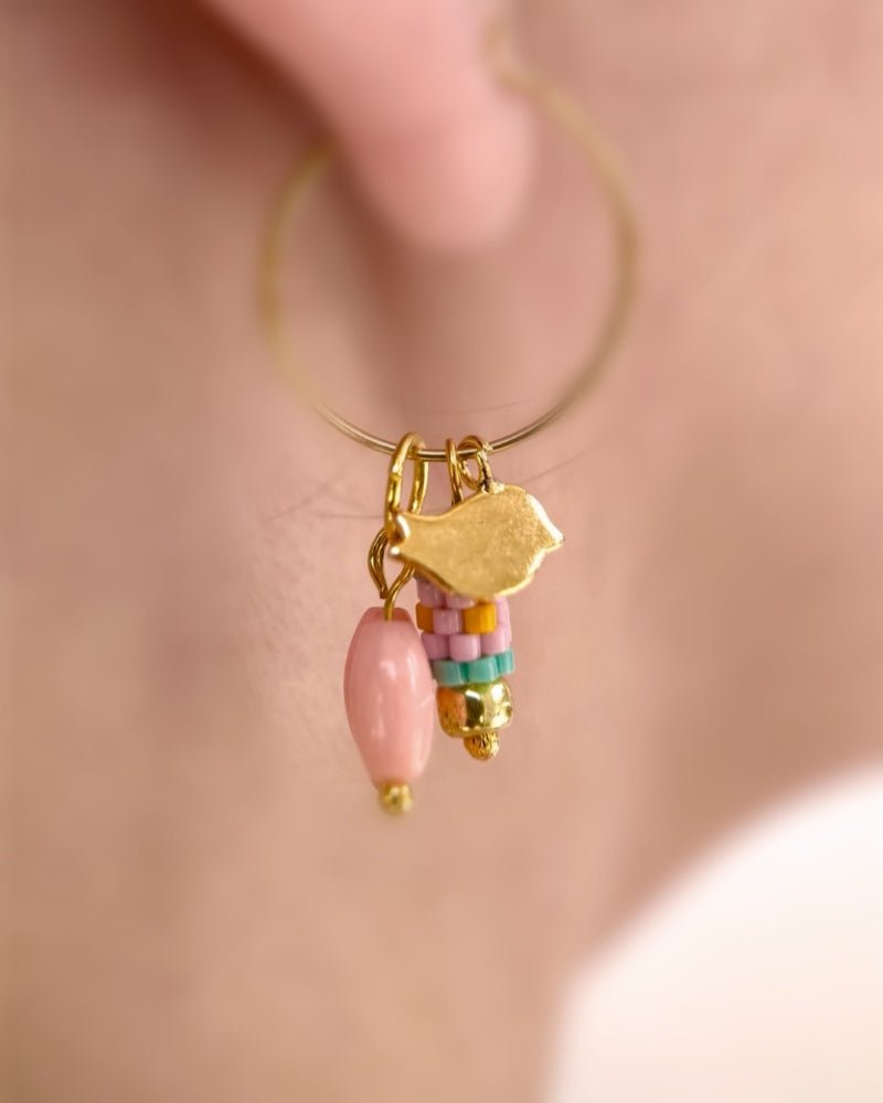 Customizable hoop earrings each with three interchangeable charms - stone, beaded and gold - for new look every day - Fleur Du Jour