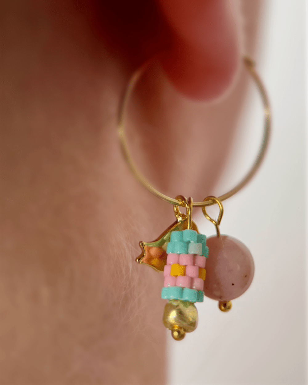 Customizable hoop earrings each with three interchangeable charms - stone, beaded and gold - for new look every day - Fleur Du Jour