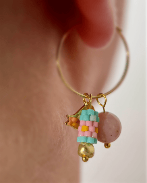 Customizable hoop earrings each with three interchangeable charms - stone, beaded and gold - for new look every day - Fleur Du Jour