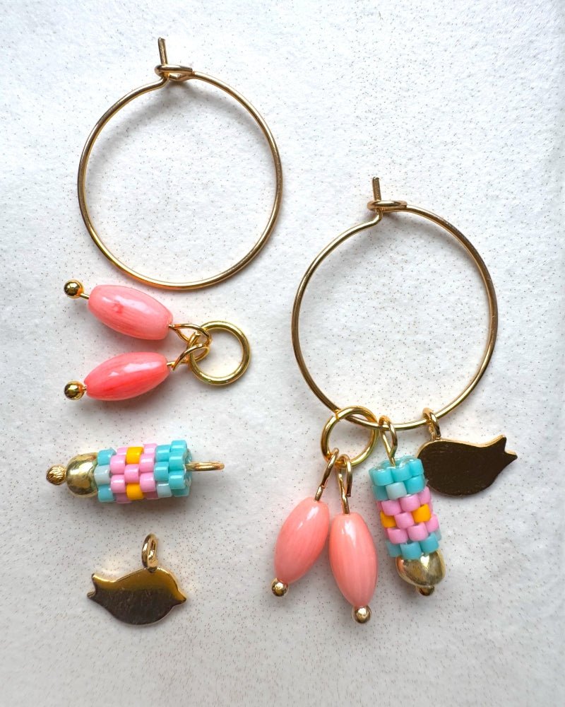 Customizable hoop earrings each with three interchangeable charms - stone, beaded and gold - for new look every day - Fleur Du Jour