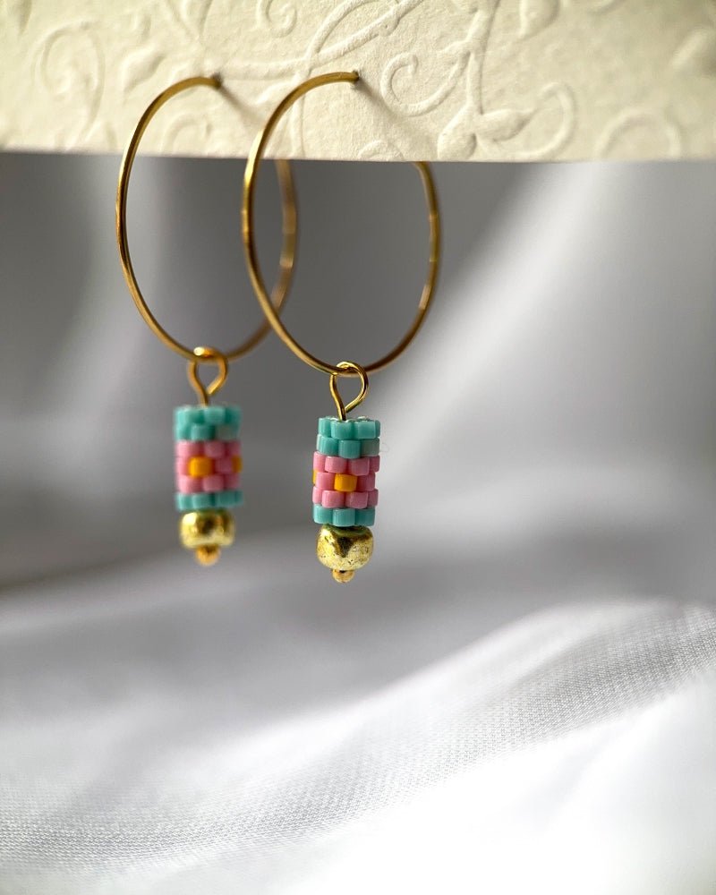 Customizable hoop earrings each with three interchangeable charms - stone, beaded and gold - for new look every day - Fleur Du Jour